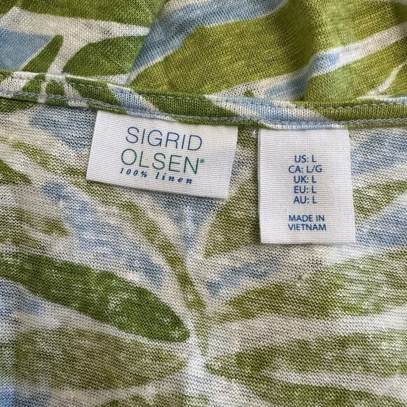 Sigrid Olsen Women’s L 100% Linen Top Green Palm‎ Leaf Print Blue Blouse - Picture 2 of 5